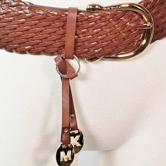 Michael Kors Leather Woven Wide Belt - Size Small Gold Buckle and LOgo - Picture 2 of 4